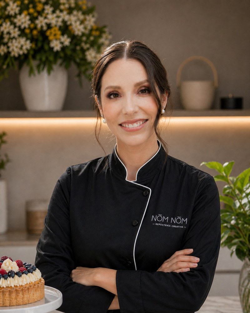 Adri Valdez, chef fundadora de Nom Nom Repostería Creativa en Monterrey, con chef coat de la marca y tartaleta signature de frutos rojos