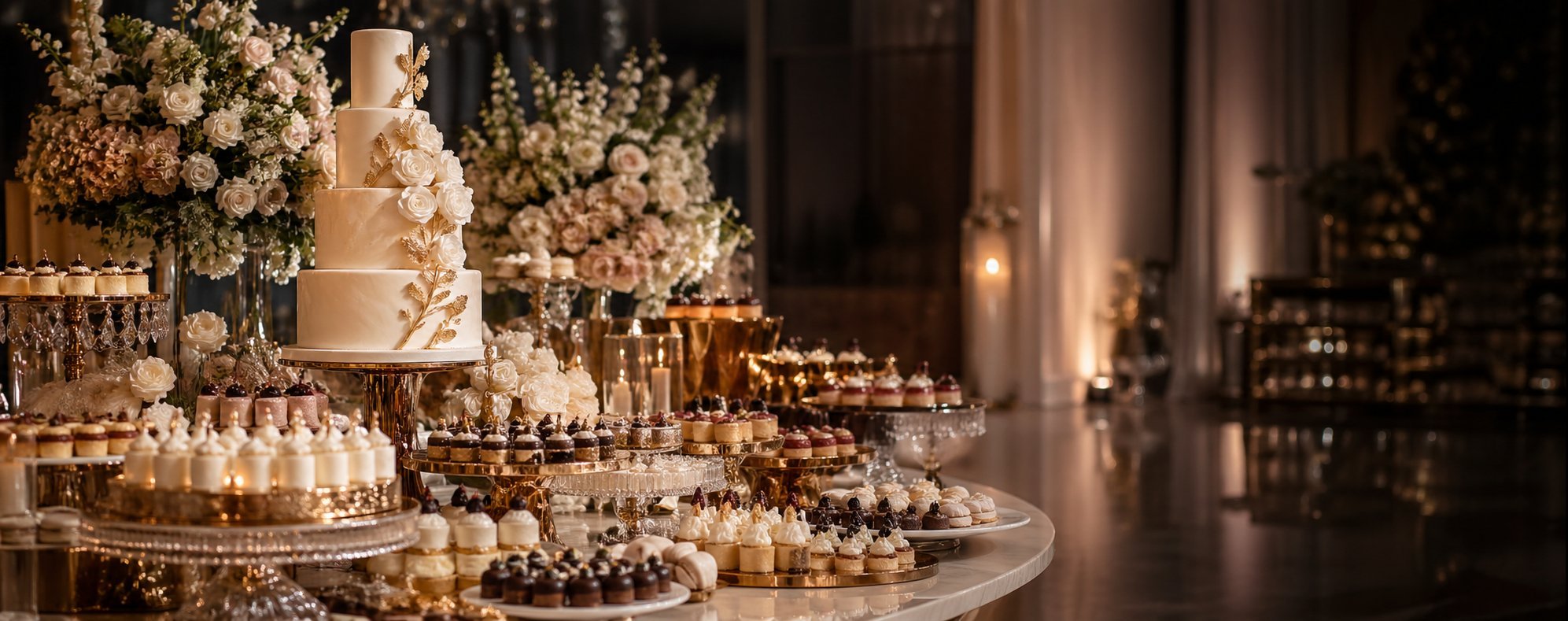 Mesa de postres premium para boda en Monterrey con pastel de varios pisos, flores y repostería de autor de Nom Nom